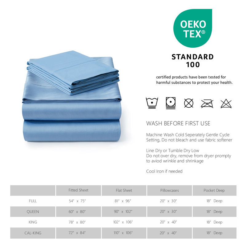 Sateen Sheet Set, California King Sheet Set with 2 King Pillowcases, Sky Blue