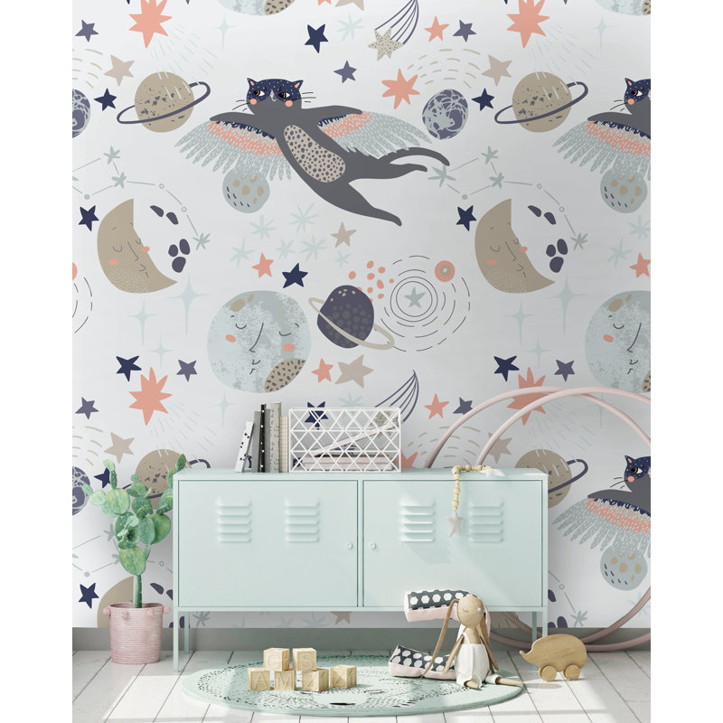 Papier peint amovible Flying Cat Moon and Stars Galaxy, L 35,04 po x l 55 po