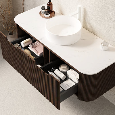 Meuble-lavabo de 48 po avec lavabo rond en céramique blanc brillant, armoire de rangement, noyer foncé, 2 tiroirs, espace généreux, système de fermeture en douceur, comptoir de 48 po avec lavabo, finition rayée 3D,