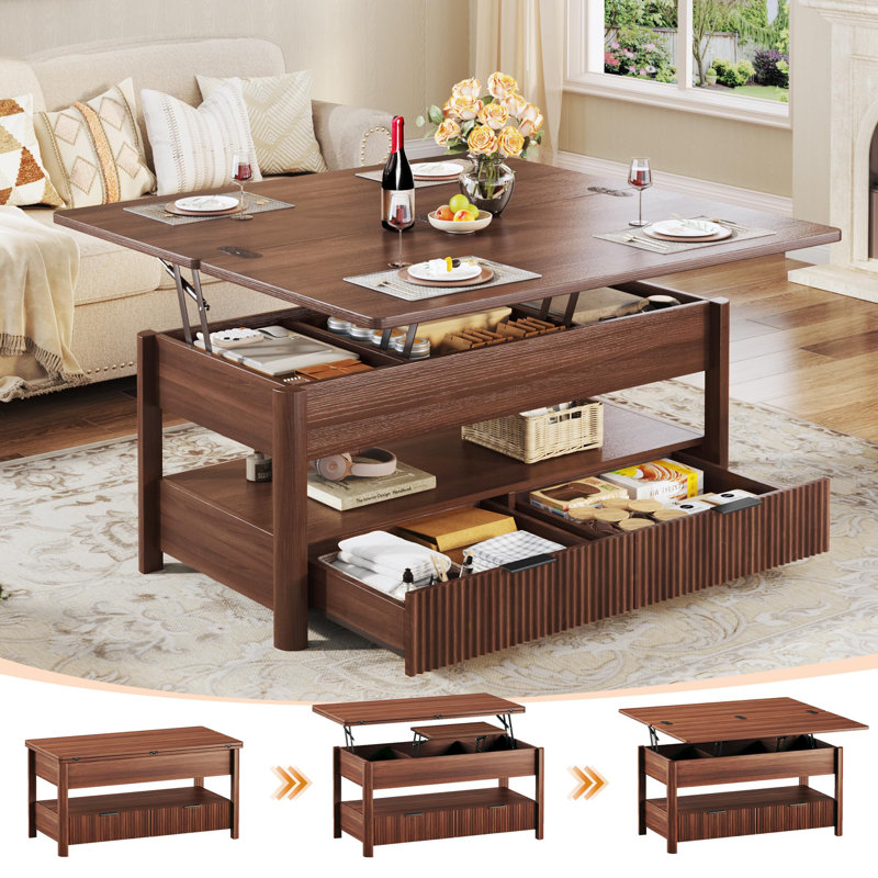 4 In 1 Lift Top Coffee Table With Hidden Storage And Drawers, Brown