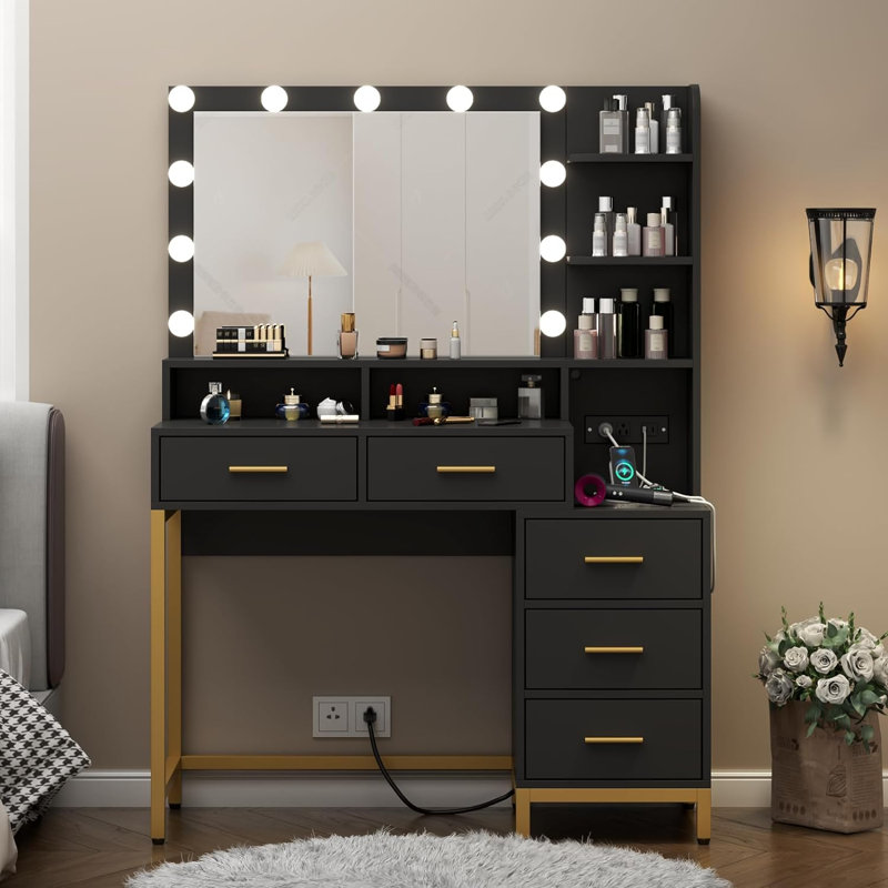 Vanity Desk with Lighted Mirror & Power Outlet, Makeup Table with 5 Drawers, Two Cubby & Shelf, Vanity Dresser with 11 Lights in 3 Lighting Colors for Bathroom, Bedroom,Makeup Room