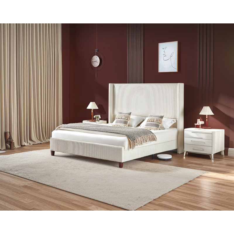 Cream Corduroy Upholstered King Bed with Wingback Headboard