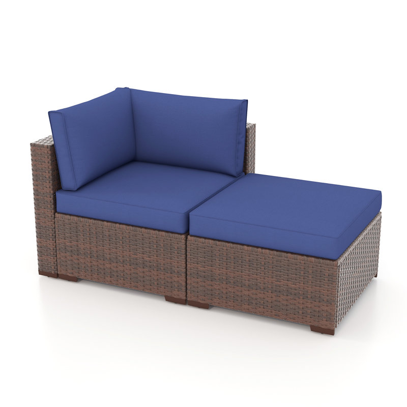 Chaise de patio avec coussins et repose-pieds, Coussin bleu marine / structure brune