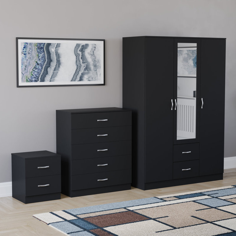 Maybery 3 Piece Bedroom Set (2 Drawer Bedside Chest, 5 Drawer Chest, 3 Door 2 Drawer Mirrored Wardrobe), (5), Black