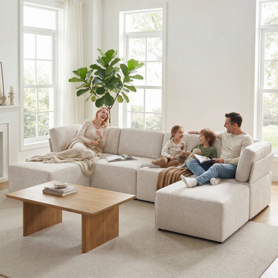 116" Linen U Shaped Sectional Sofa with 2 Ottomans, 6 Seater Modular Upholstered Sofa,Beige