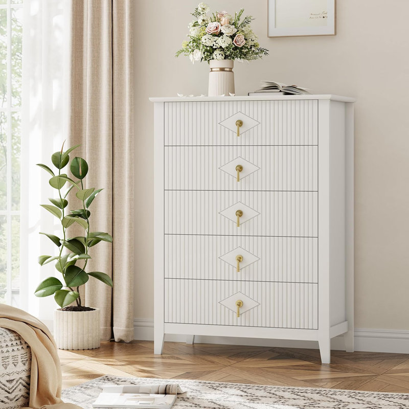 Commode pour chambre à coucher avec 5 tiroirs, commode moderne de 32 po de largeur avec poignée en métal, Blanc