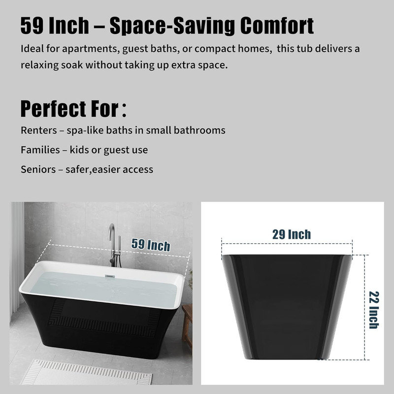 Baignoire autoportante noire 59 po, baignoire en acrylique avec bonde chromée, certifiée cUPC