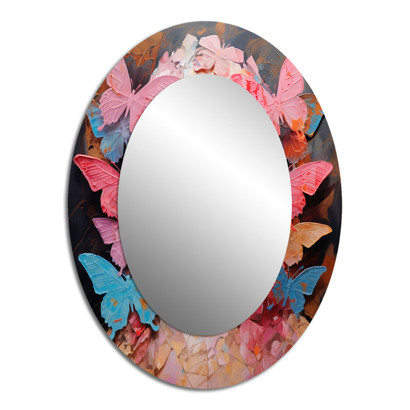 «Pink Butterfly», portrait de mode féminine Elegance I - miroir décoratif oval sur métal, 40 po x 30 po