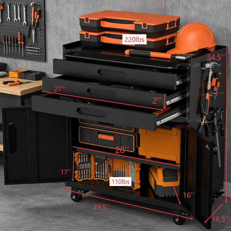 34.3 Inch Heavy Duty Rolling Metal Tool Cabinet, 3 Drawer Garage Storage With Lockable Doors & Mobile Workbench For Workshop & Home Use
