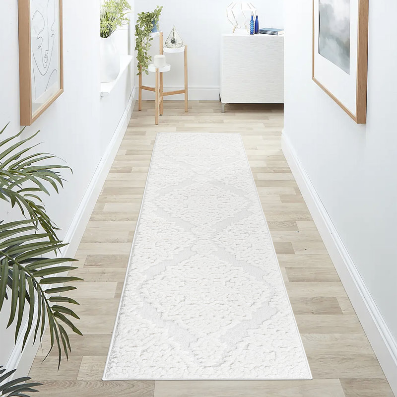 High-low Pile Cream Runner - Geometric Pattern For Entryway & Bedroom Side Decor, Runner 2'2" x 8'
