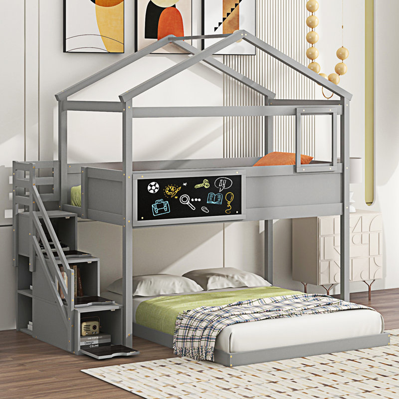 Lit superposé House avec escalier de rangement et tableau noir House, Gris