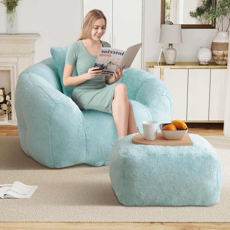 ESGiant Bean Bag Chair,Lounge Chair Floor Lazy Sofa Bed with Ottoman & Pillow,Light Blue, Blue Faux Fur