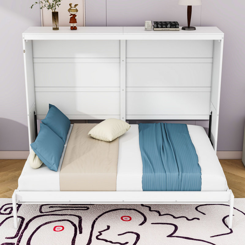 Budhan Wooden Murphy Bed Wall Bed, White, Queen
