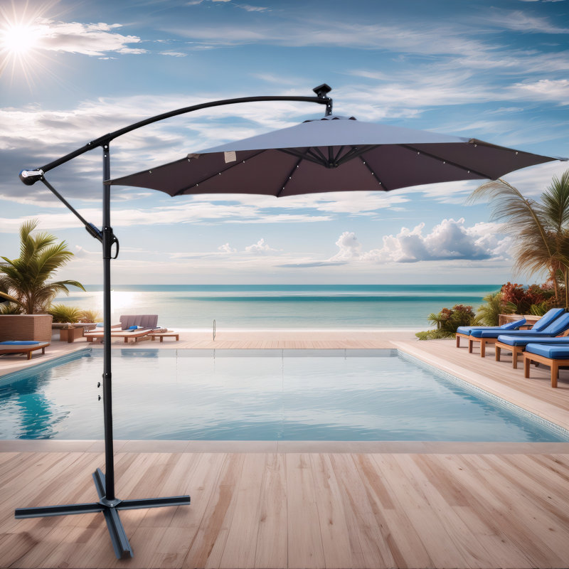 Parasol de patio imperméable de 10 pi avec lumières solaires à DEL pour la cour, la piscine, la terrasse - abat-jour à 8 nervures, manivelle facile et base en croix robuste