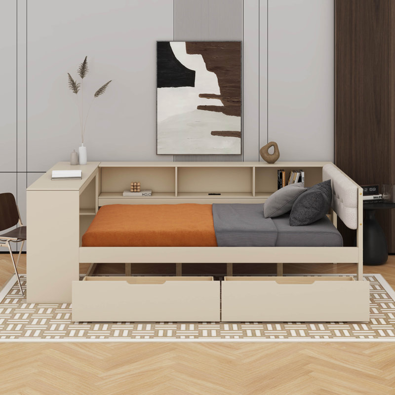 Lit plateforme double avec tablettes, tiroirs, station de charge et tête de lit tapissier, Lit double, Crème, crème