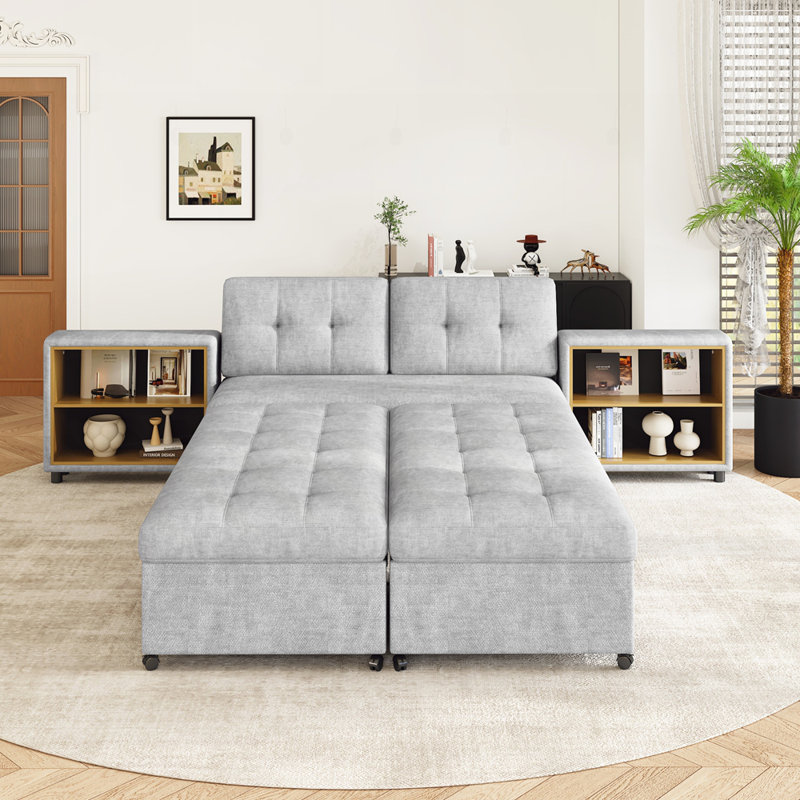 121,2 po. Canapé-lit modulaire polyvalent de style contemporain avec deux tablettes de rangement, Gris