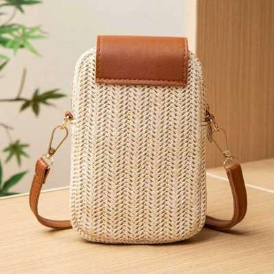 Backpack Straw Woven Crossbody Phone Bag Cute Cats Mini Purse With Adjustable Strap For Women Summer Travel