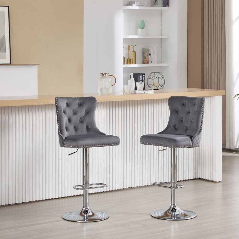 Swivel Adjustable Height Counter Stool With Metal Frame, Silver, Gray