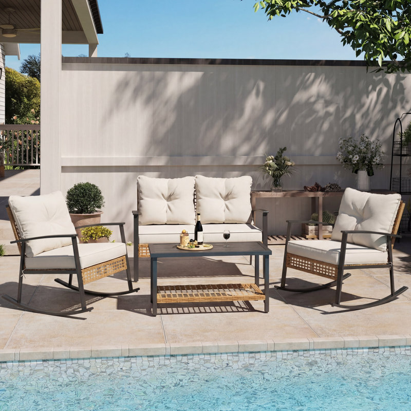 4-piece Patio Conversation Set With Rocking Chairs And Storage Coffee Table For Backyard