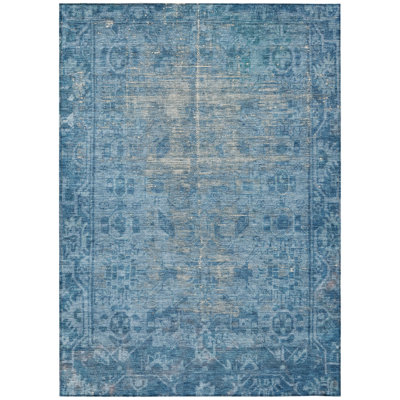 3' X 5' Blue Oriental Washable Indoor Outdoor Area Rug