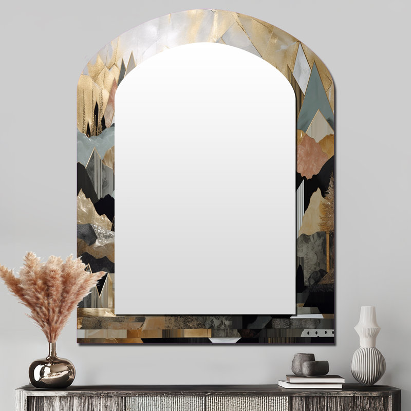 Grey And Gold Geometric Horizons I - City Asymmetrical Wall Mirror, Grey Arch Decorative Mirror, Printed Metal Art, 43" x 33"