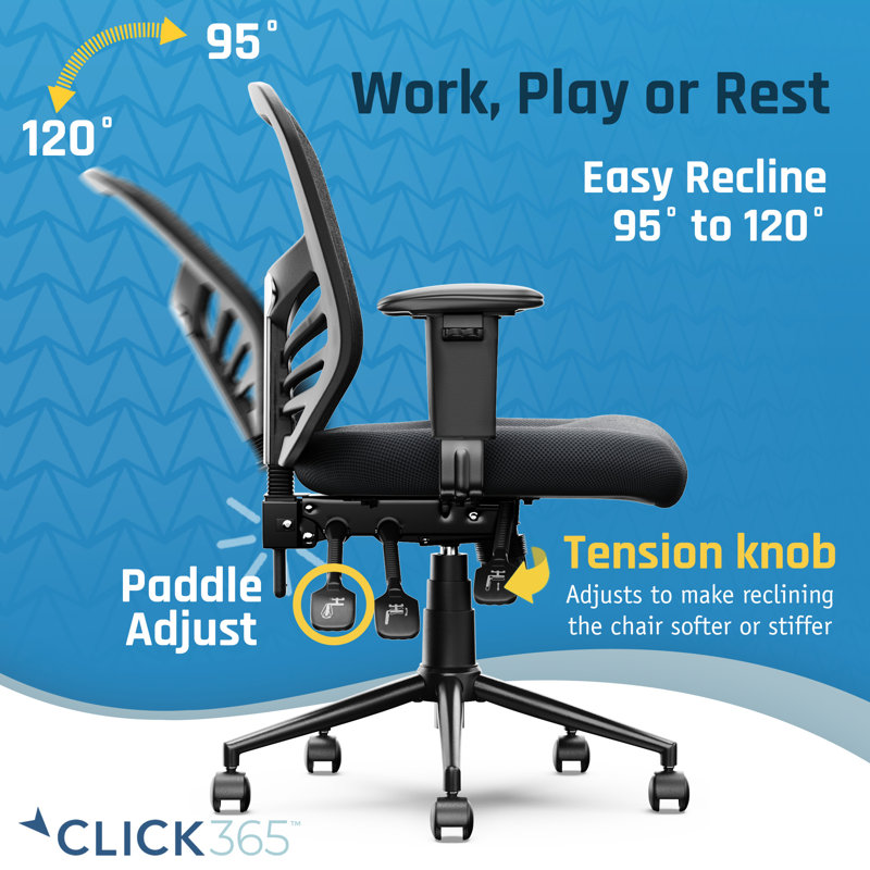 Click365 Flow Mid Back Mesh Office Chair, Extra Padded Seat Cushion, Adjustable Armrest Back Height, Black