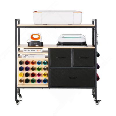 Chariot roulant roulant et table de rangement avec 20 porte-rouleaux en vinyle 3 tiroirs noir