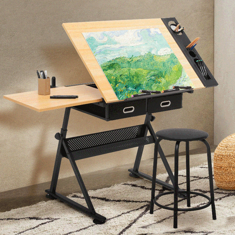 Craft and Drawing Table Workstation with Stool, Drafting Table with Slide-Out Tabletop and Drawers