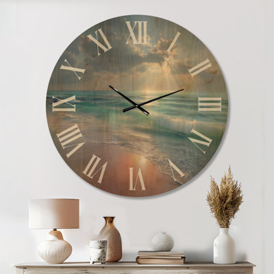 Très grande horloge murale côtière en bois - Vagues douces au coucher du soleil