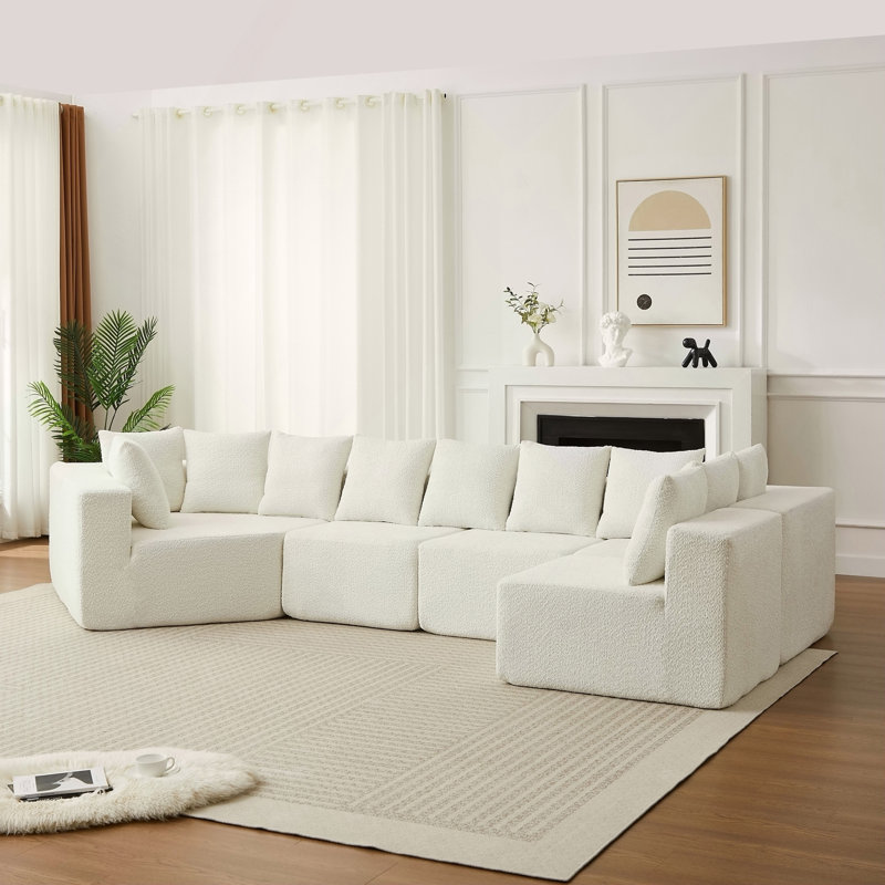 Canapé modulaire en forme de L de 151,6 po à assise profonde et canapé modulaire en chenille de 11,6 po avec 11 coussins inclinables incurvés au sol sans assemblage requis Beige