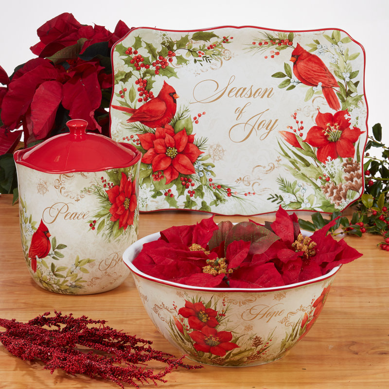 Winter's Medley Red and White Ceramic Holiday Bowls Set