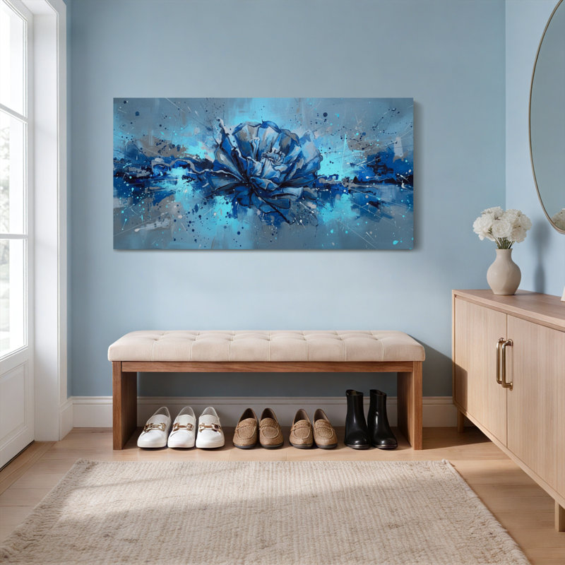 Ensemble de 1 tableau abstrait floral bleu sur toile tendue, H 20 po x l 40 po