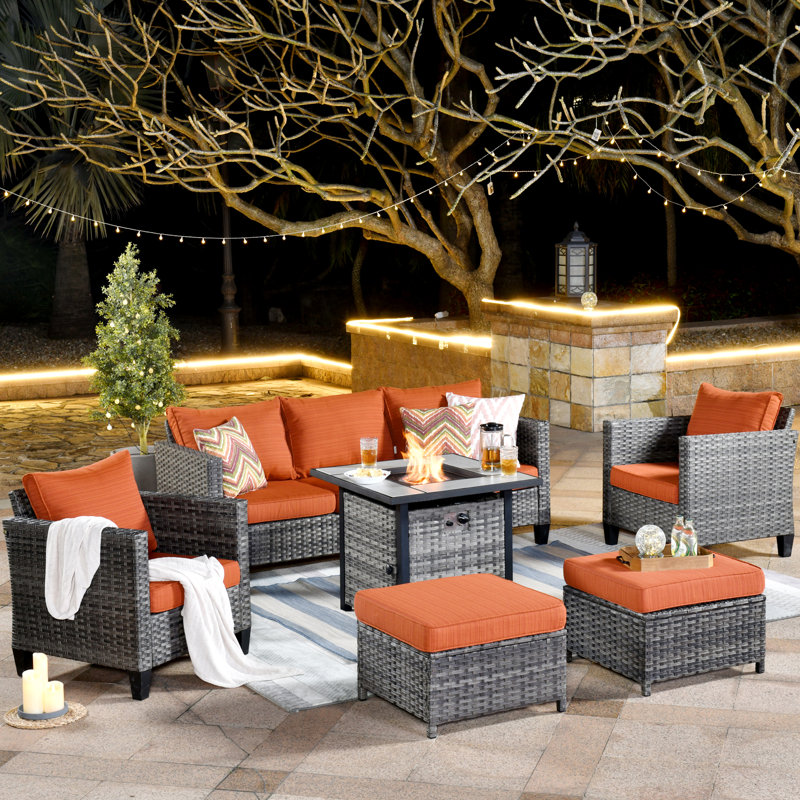 Allcot 5 - Person Wicker/Rattan Patio Furniture Set, Outdoor Fire Pit Sofa Set with Throw Pillows and Comfy Cushions, Orange