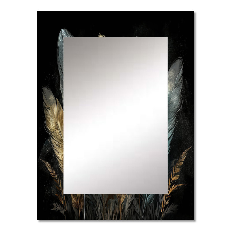 Plumes dorées dorées II - miroir unique en plumes glamour, grand miroir mural moderne, impression d'art en métal