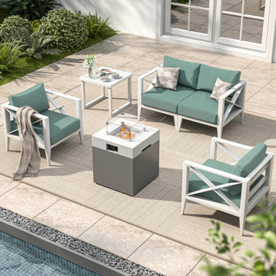MBY Aluminum Patio Furniture Set, 6-Piece Oversized Outdoor Conversation Set with Fire Pit Table & Coffee Table, All Weather Modern White Sofa for Deck, Garden, Poolside