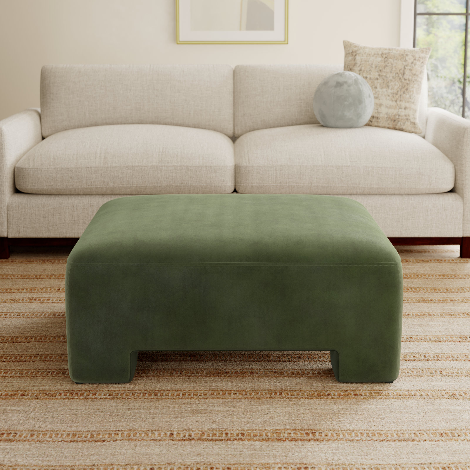 Anya 38" Linen Upholstered Ottoman, Falkirk Military Green Velvet