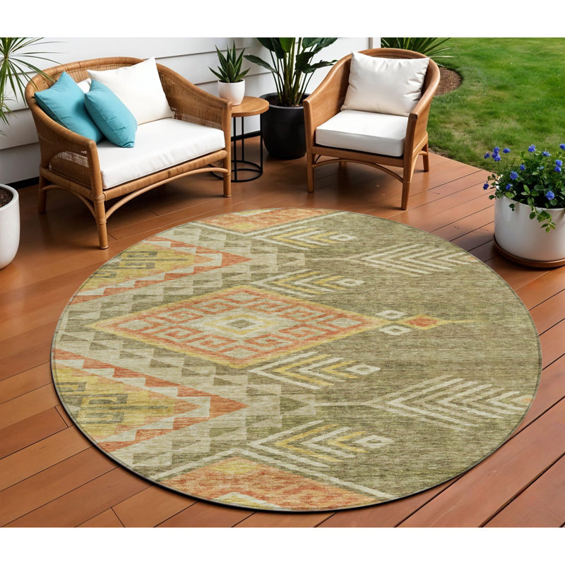Tapis rond rond 8 pi vert et terre cuite