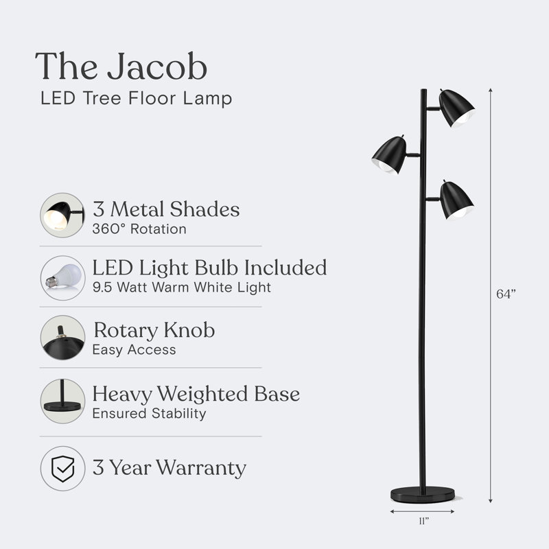 Jacob 64" Black Adjustable Multi-Head LED Floor Lamp