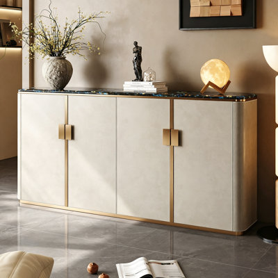 Armoire à chaussures Milk-Coffee moderne avec plateau en marbre et placage de cuir