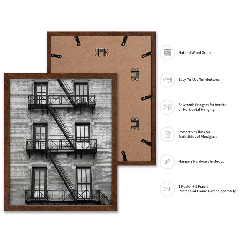 Escalier sur le bâtiment de Manhattan, Poster, 16"H x 20"W, Brown Framed