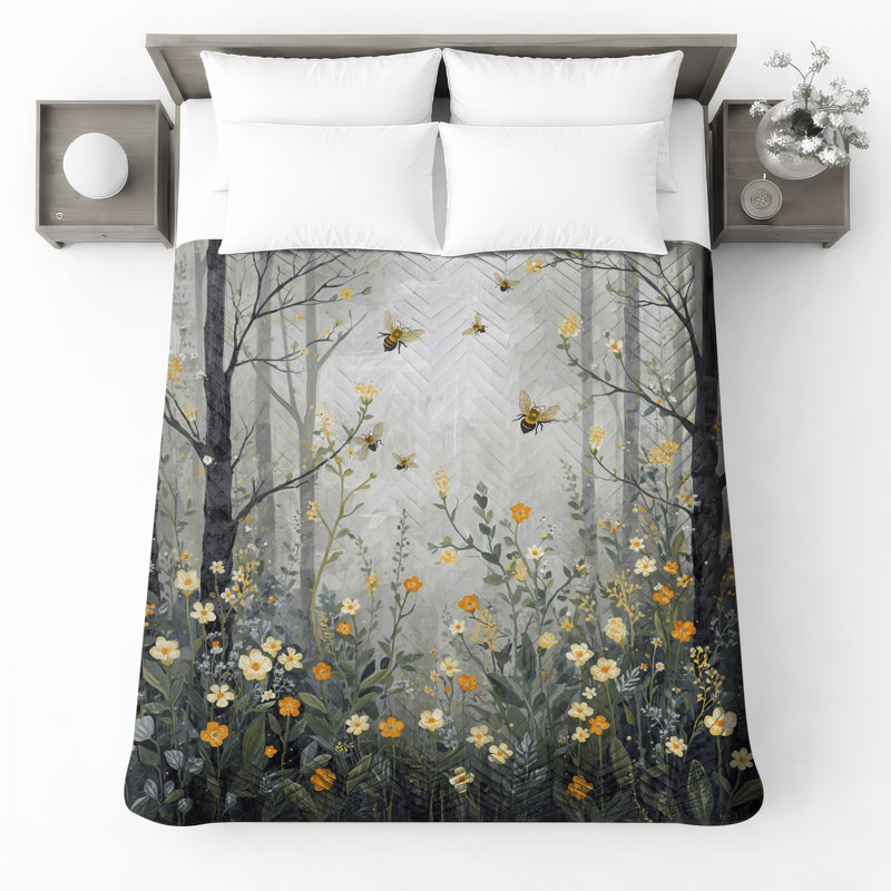 Forest With Wildflowers Quilted Bedspread All Sizes, Full / Double