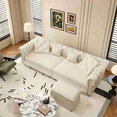 Chesterfield Sofa,89" 3-in-1 Pull-Out Sofa Bed,Convertible Sleeper Sofa Bed,King Size Sofa Bed,Chaise Lounge,Velvet 3-Seater Sofa with Movable Ottoman,Tufted Design,Beige/White