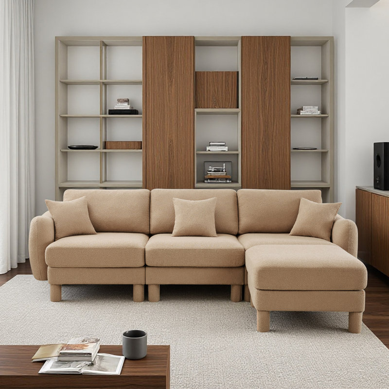 Boucle Fabric Convertible L Shape Sectional 3-Seater Sofa Couch With Distinctive Shell-Shaped Armrests And Removable Ottoman