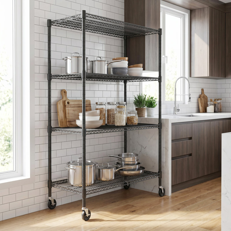 Étagère robuste à hauteur réglable avec roulettes, pieds de nivellement, Noir, (4 tablettes) H 72 po x l 48 po x P 24 po