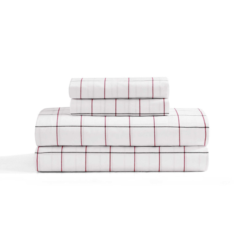 Tommy Hilfiger Printed Percale Cotton Sheet Set, Twin XL Sheet Set with 1 Pillowcase, Glasgow Windowpane Navy