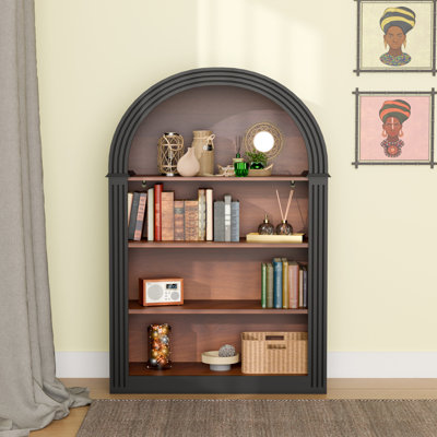 Black 4 - Shelf 45.66" Arched Wood Floor Bookcase, Storage In Bedroom, Robust , Elegant Design, Feature Bookcase With Shelves, Black, Stable For , Vintage Modern Look, Tipping