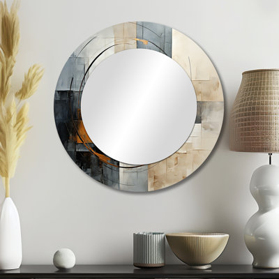 Or gris brillant géométrie VI - miroir mural abstrait de collages, miroir décoratif rond doré, impression d'art en métal