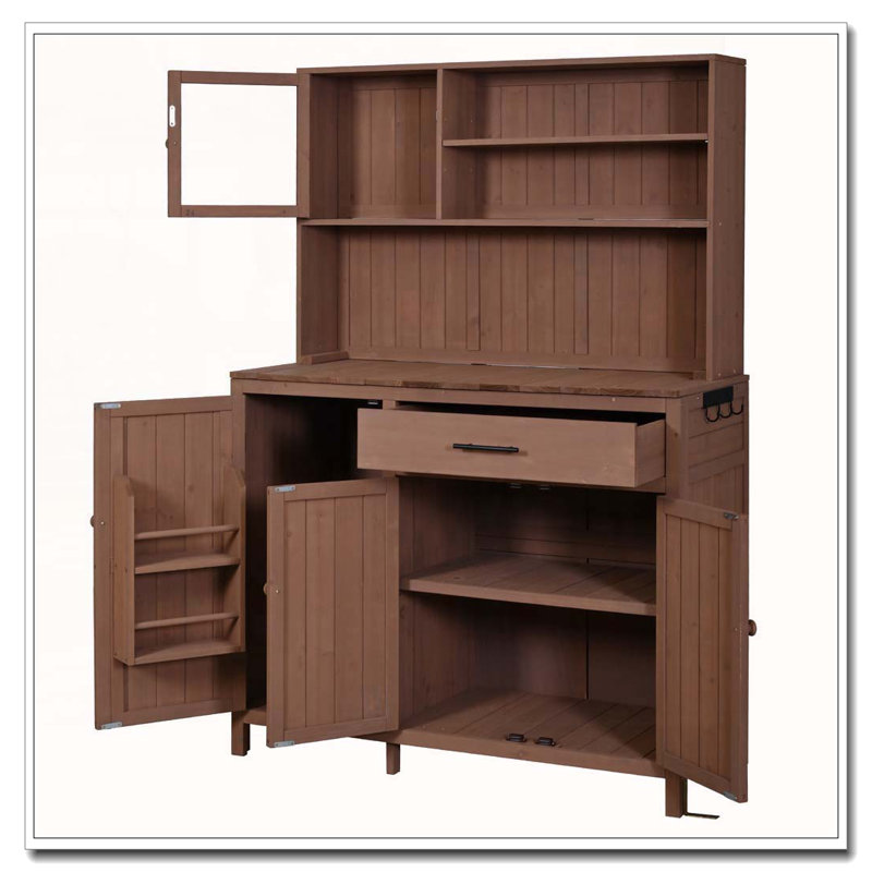 Potting Bench with Hutch,65" H Solid Fir Wood Garden Workstation, Brown