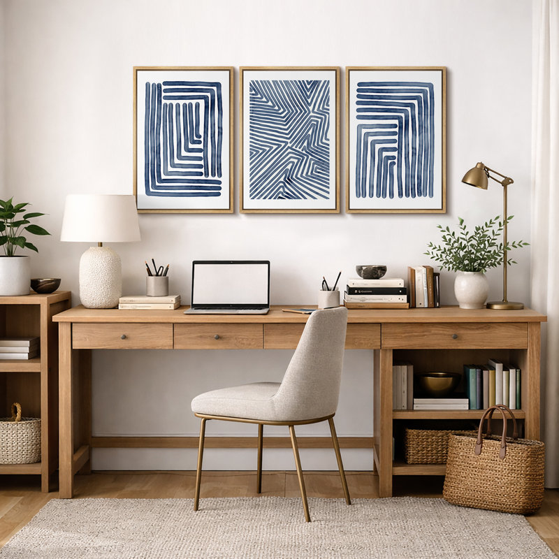 Ligne géométrique «Œuvre abstraite rayée bleu marine, images murales simples et contemporaines de chambre à coucher moderne, ensemble de 3 reproductions d'art sur toile encadrées»