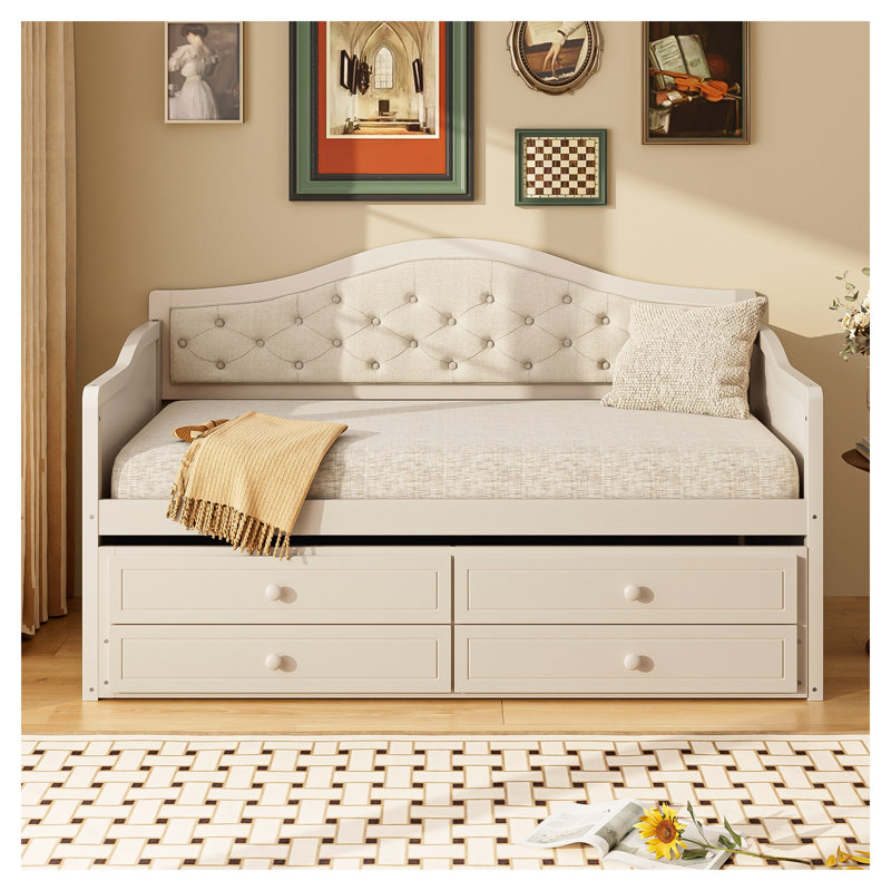 Lit de jour simple avec couchette et tiroirs de rangement, canapé-lit capitonné en bois massif, style beige élégant pour le salon, la chambre à coucher ou la chambre d'amis